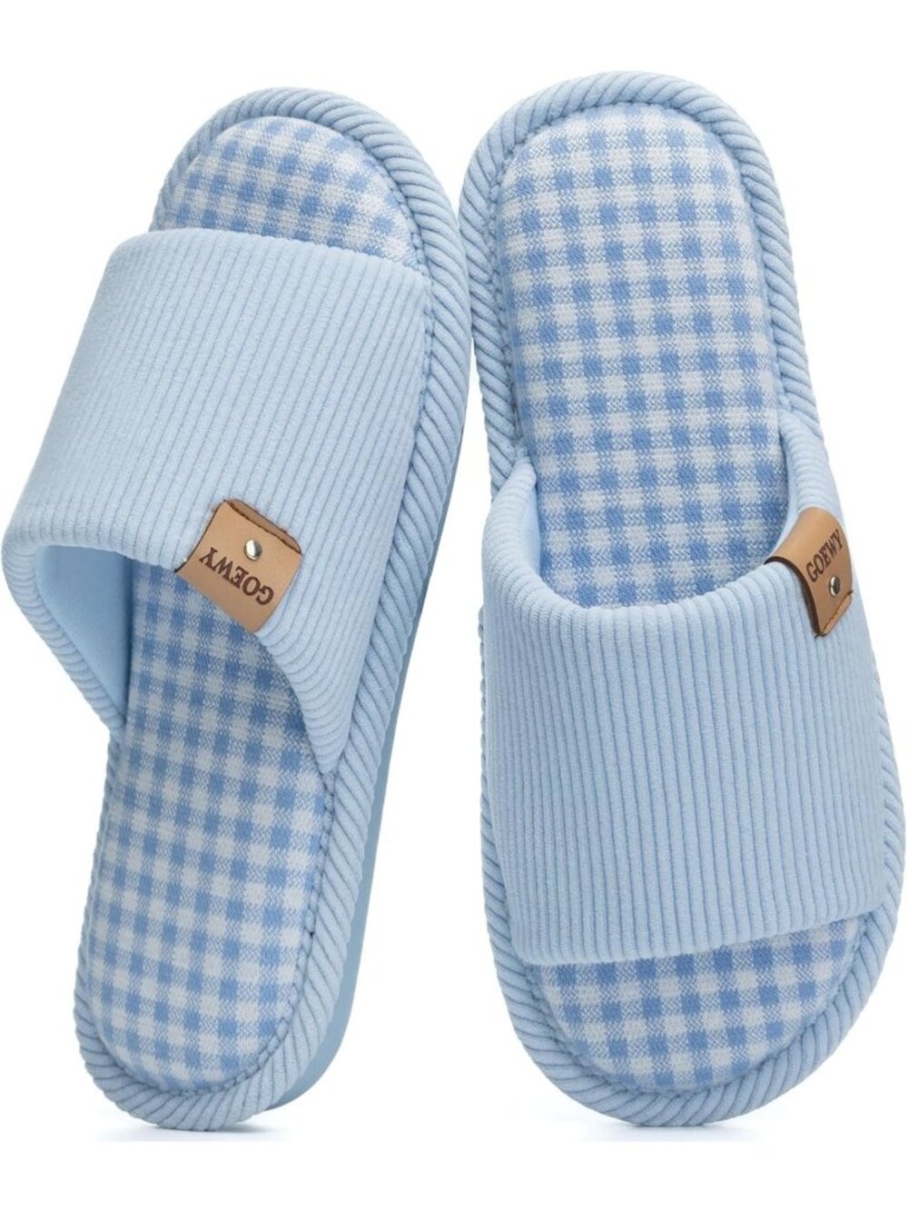 Women's Blue Anti Skid Corduroy Memory Foam Open Toe Slip On Indoor Slippers